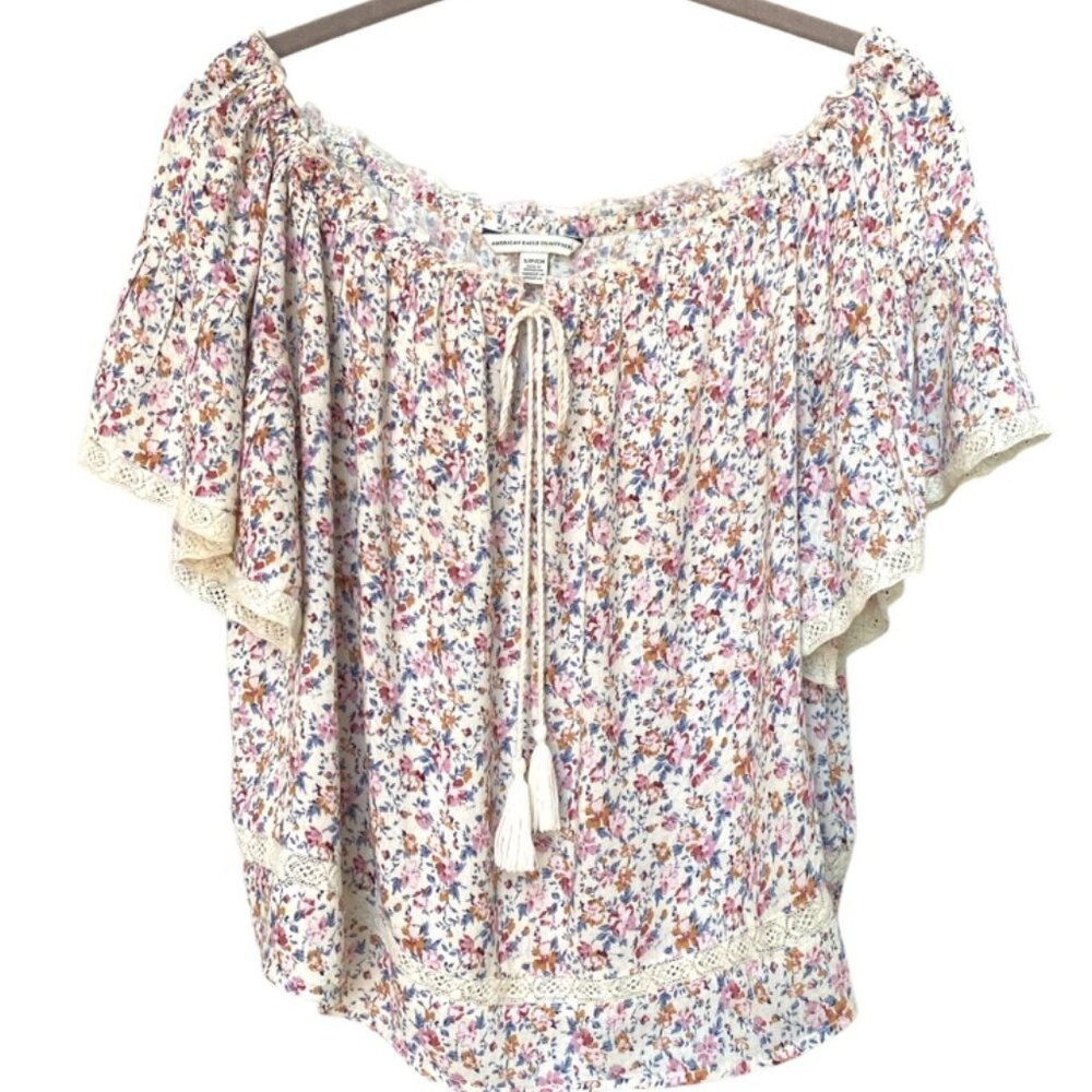 AEO Floral Peasant Boho Drawstring Neckline with Tassels Lace Trim Sz S/P/CH #01